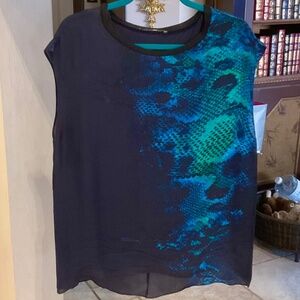 Tahari Silk Top M Peacock Green & Blue Sleeveless High Low Asymmetrical Hem